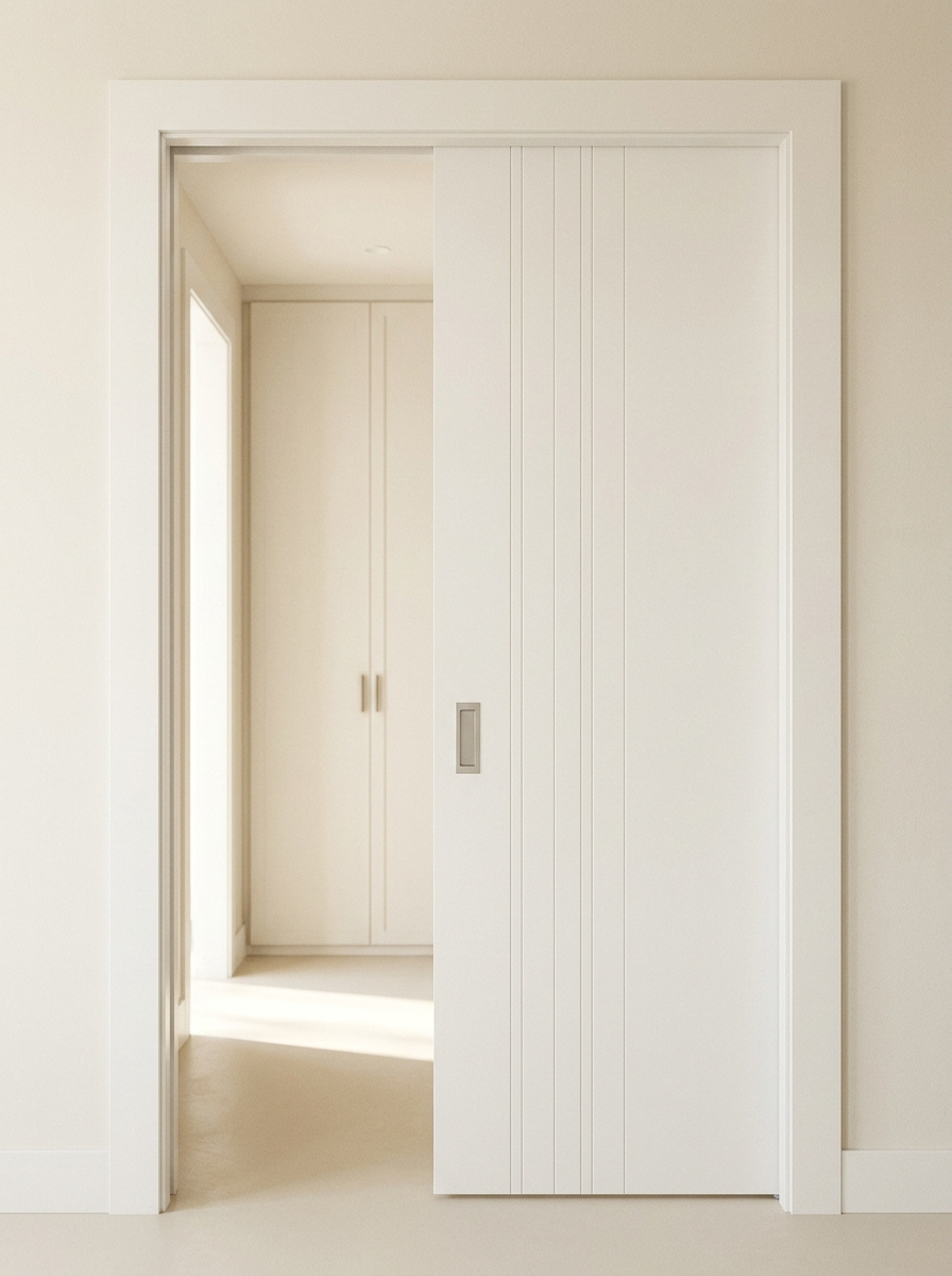 Modern white sliding pocket door in a bright hallway