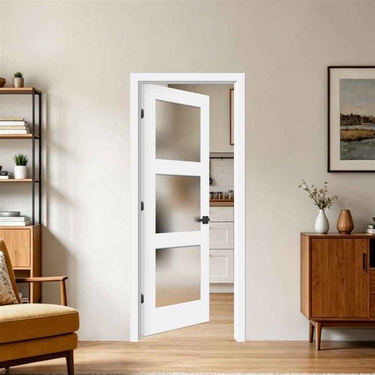 White Primed 3-Lite Frosted Glass Door