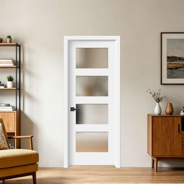 White Primed 4-Lite Frosted Glass Door