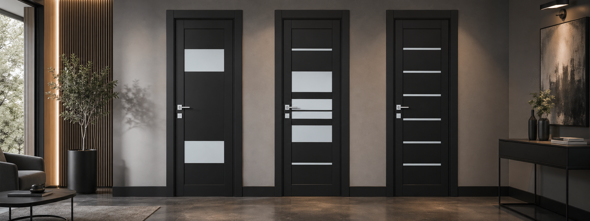 Matte black interior doors with frosted glass panels and modern hardware