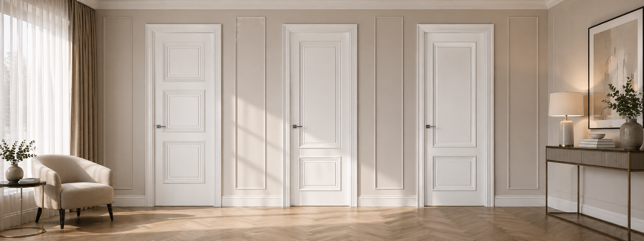 Transitional white panel interior doors in a warm herringbone-floor living space