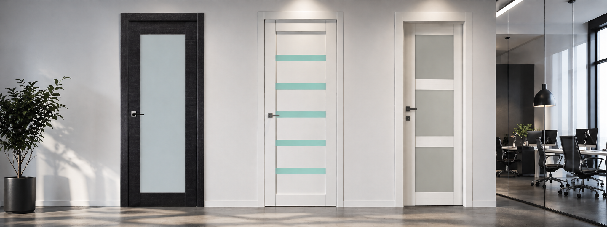 White office interior doors with frosted glass in a bright showroom setting