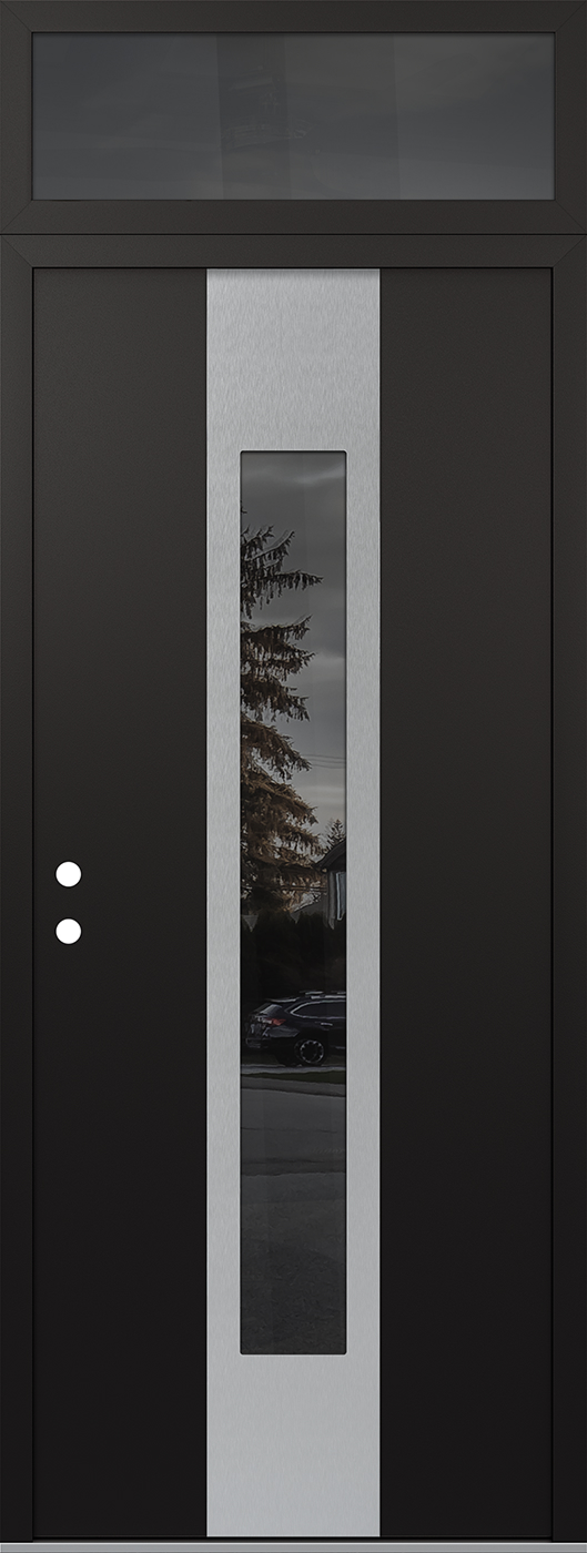 Modern Steel Front Door DIAMOND A1 36" X 96" BLACK/BLACK MIRRORED GLASS PANEL STAINLESS STEEL RHI WITH TRANSOM MIRRORED GLASS