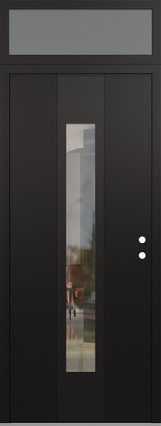 MODERN STEEL FRONT DOOR DIAMOND A1 36" X 96" BLACK/BLACK CLEAR GLASS PANEL BLACK LHI WITH TRANSOM FROSTED GLASS