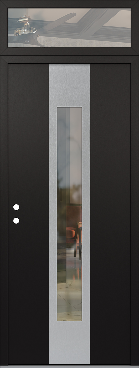 Modern Steel Front Door DIAMOND A1 36" X 96" BLACK/BLACK CLEAR GLASS PANEL STAINLESS STEEL RHI WITH TRANSOM MIRRORED GLASS