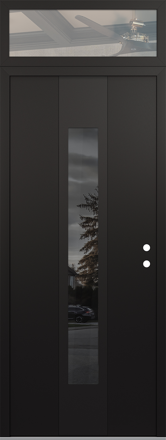 MODERN STEEL FRONT DOOR DIAMOND A1 36" X 96" BLACK/BLACK MIRRORED GLASS PANEL BLACK LHI WITH TRANSOM CLEAR GLASS