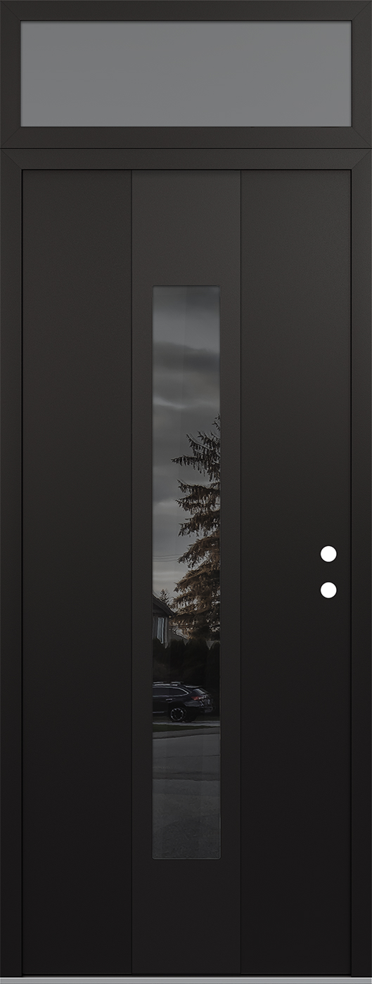 MODERN STEEL FRONT DOOR DIAMOND A1 36" X 96" BLACK/BLACK MIRRORED GLASS PANEL BLACK LHI WITH TRANSOM FROSTED GLASS