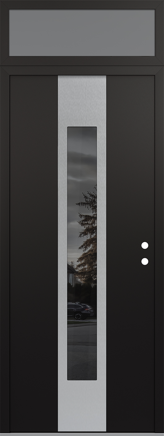 MODERN STEEL FRONT DOOR DIAMOND A1 36" X 96" BLACK/BLACK MIRRORED GLASS PANEL STAINLESS STEEL LHI WITH TRANSOM MIRRORED GLASS