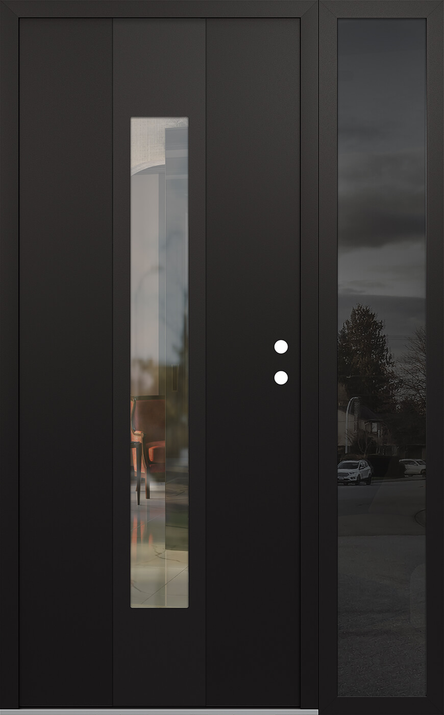 MODERN STEEL FRONT DOOR DIAMOND A1 48" X 80" BLACK/BLACK CLEAR GLASS PANEL BLACK LHI WITH SIDELITE MIRRORED GLASS