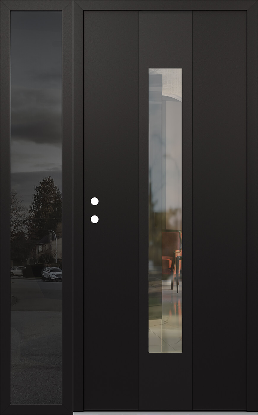 MODERN STEEL FRONT DOOR DIAMOND A1 48" X 80" BLACK/BLACK CLEAR GLASS PANEL BLACK RHI WITH SIDELITE MIRRORED GLASS