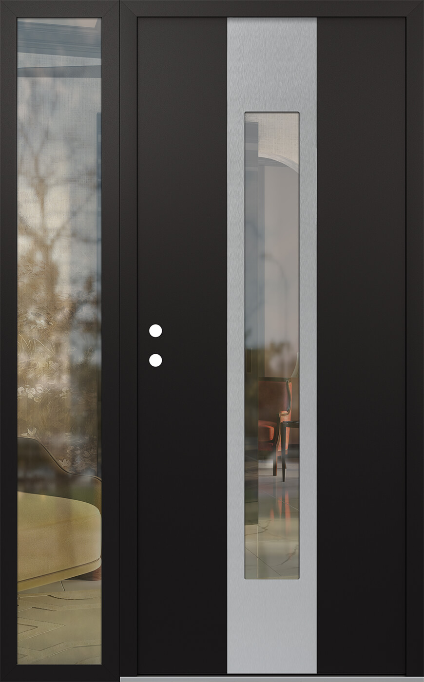 Modern Steel Front Door DIAMOND A1 48" X 80" BLACK/BLACK CLEAR GLASS PANEL STAINLESS STEEL RHI WITH SIDELITE MIRRORED GLASS