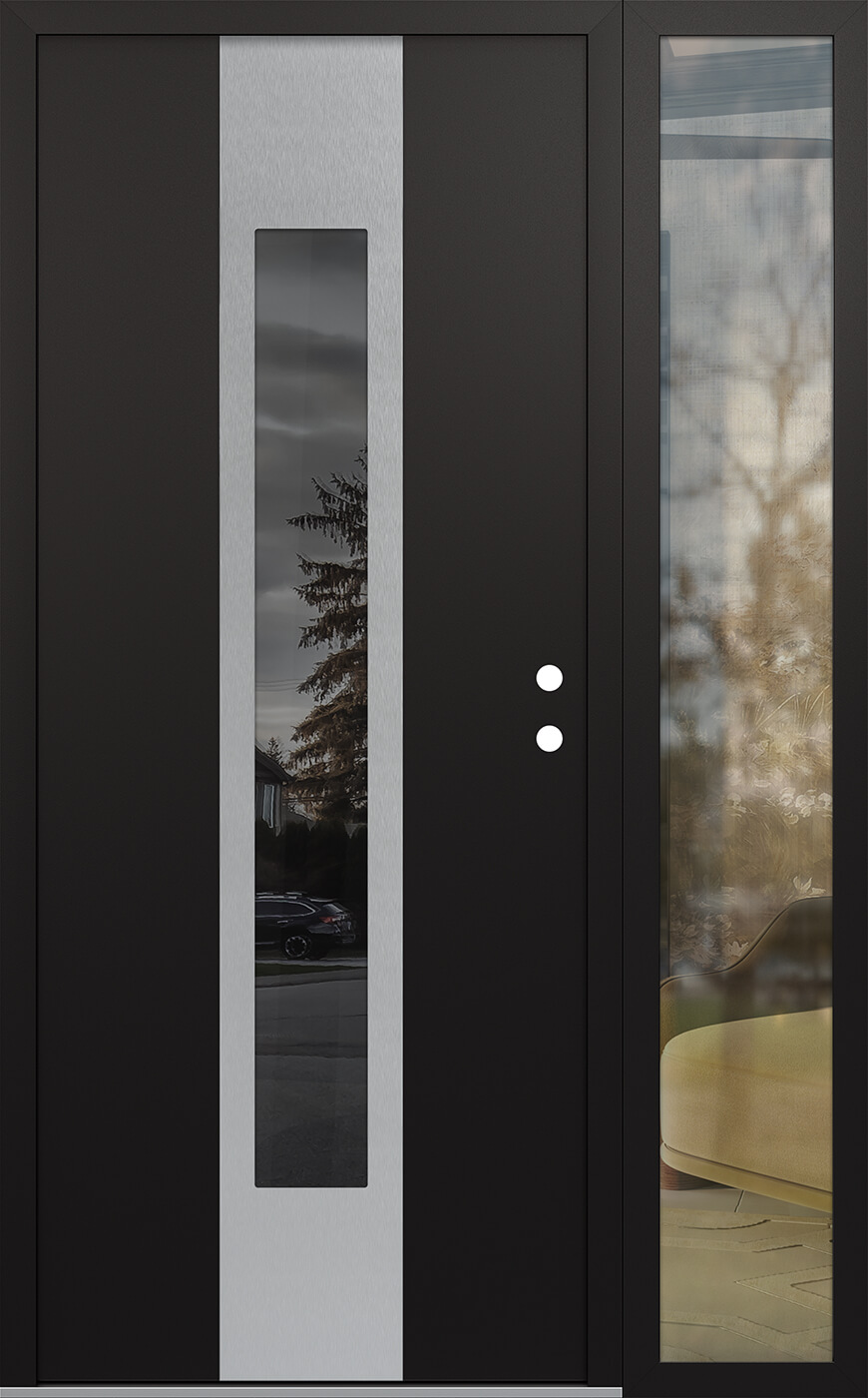 MODERN STEEL FRONT DOOR DIAMOND A1 48" X 80" BLACK/BLACK MIRRORED GLASS PANEL STAINLESS STEEL LHI WITH SIDELITE MIRRORED GLASS