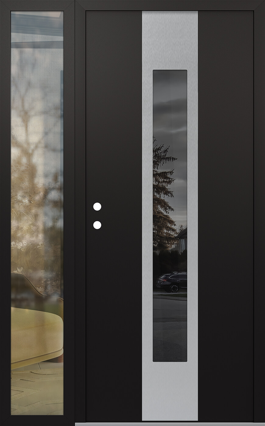 MODERN STEEL FRONT DOOR DIAMOND A1 48" X 80" BLACK/BLACK MIRRORED GLASS PANEL STAINLESS STEEL RHI WITH SIDELITE CLEAR GLASS