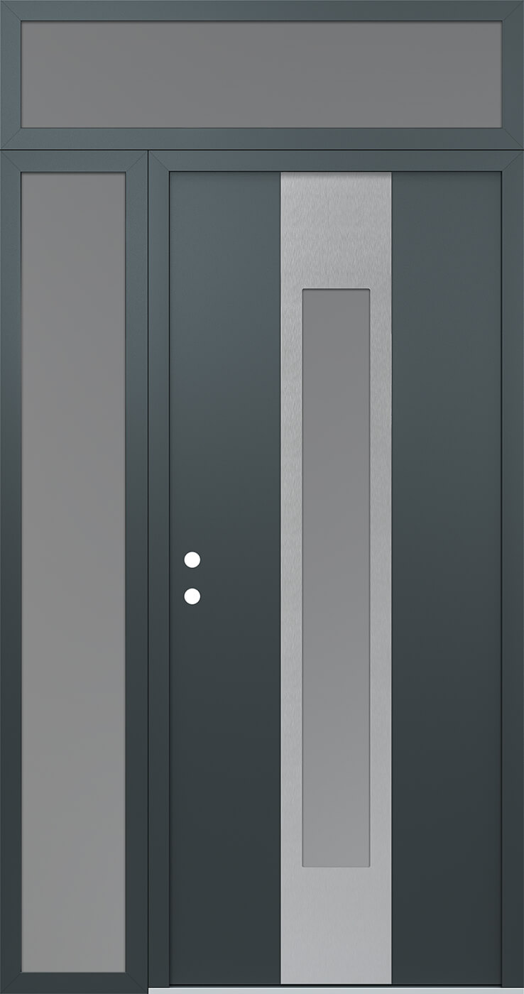 Modern Steel Front Door DIAMOND A1 48" X 96" ANTHRACITE/ANTHRACITE FROSTED GLASS PANEL STAINLESS STEEL RHI WITH SIDELITE AND TRANSOM CLEAR GLASS