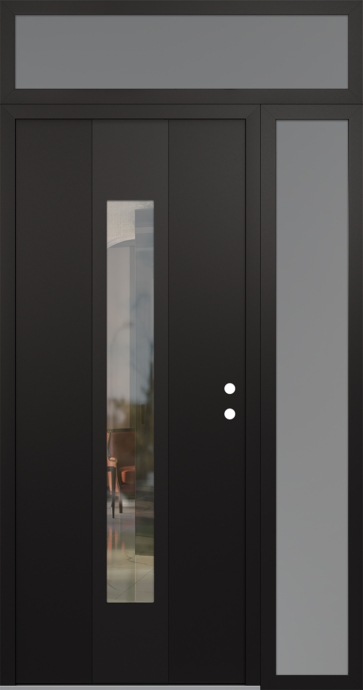 Modern Steel Front Door DIAMOND A1 48" X 96" BLACK/BLACK CLEAR GLASS PANEL BLACK LHI WITH SIDELITE AND TRANSOM MIRRORED GLASS