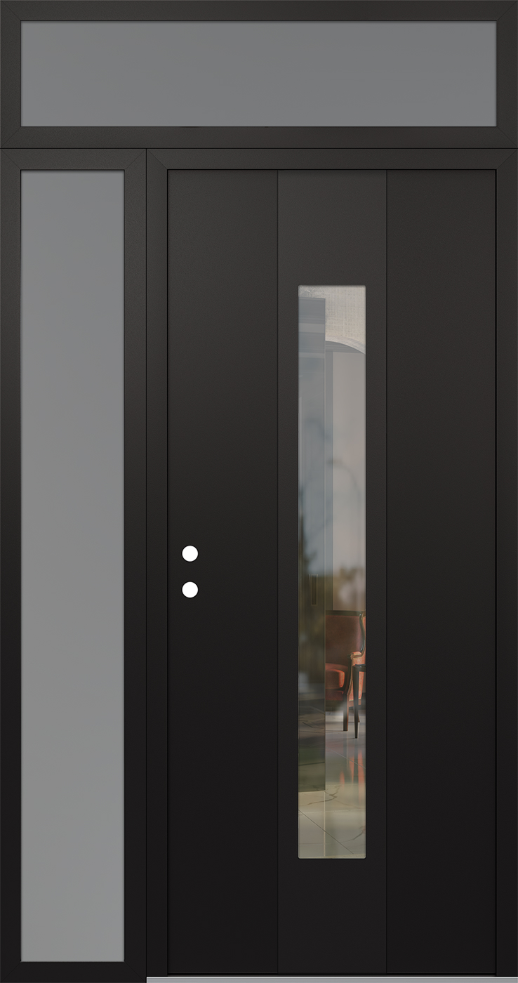 Modern Steel Front Door DIAMOND A1 48" X 96" BLACK/BLACK CLEAR GLASS PANEL BLACK RHI WITH SIDELITE AND TRANSOM FROSTED GLASS