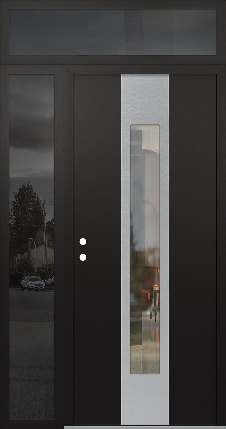 Modern Steel Front Door DIAMOND A1 48" X 96" BLACK/BLACK CLEAR GLASS PANEL STAINLESS STEEL RHI WITH SIDELITE AND TRANSOM FROSTED GLASS