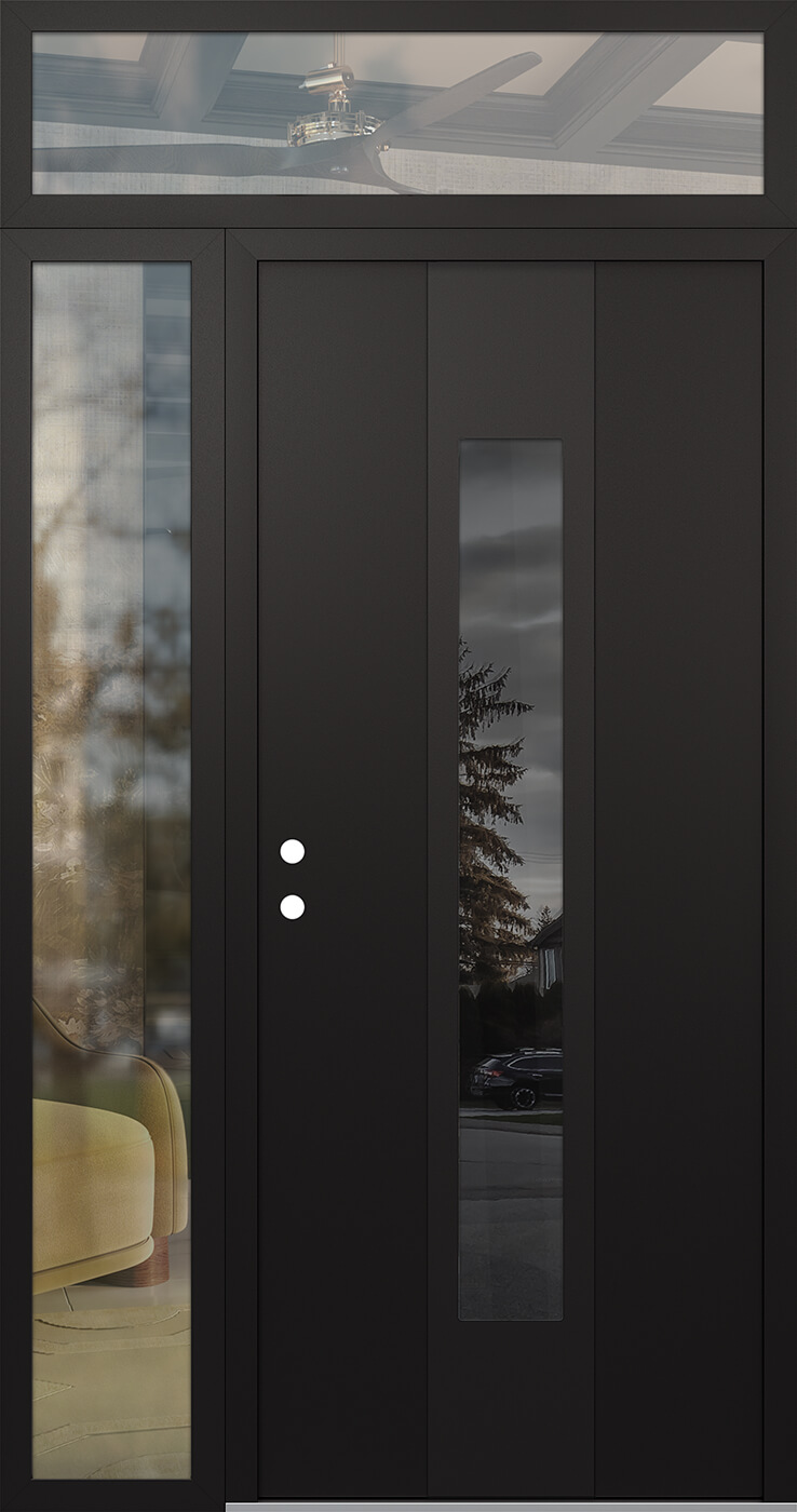MODERN STEEL FRONT DOOR DIAMOND A1 48" X 96" BLACK/BLACK MIRRORED GLASS PANEL BLACK RHI WITH SIDELITE AND TRANSOM MIRRORED GLASS
