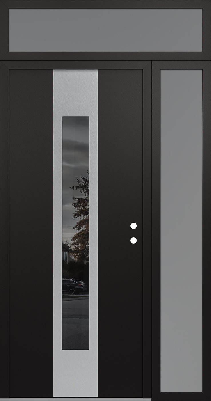 MODERN STEEL FRONT DOOR DIAMOND A1 48" X 96" BLACK/BLACK MIRRORED GLASS PANEL STAINLESS STEEL LHI WITH SIDELITE AND TRANSOM CLEAR GLASS