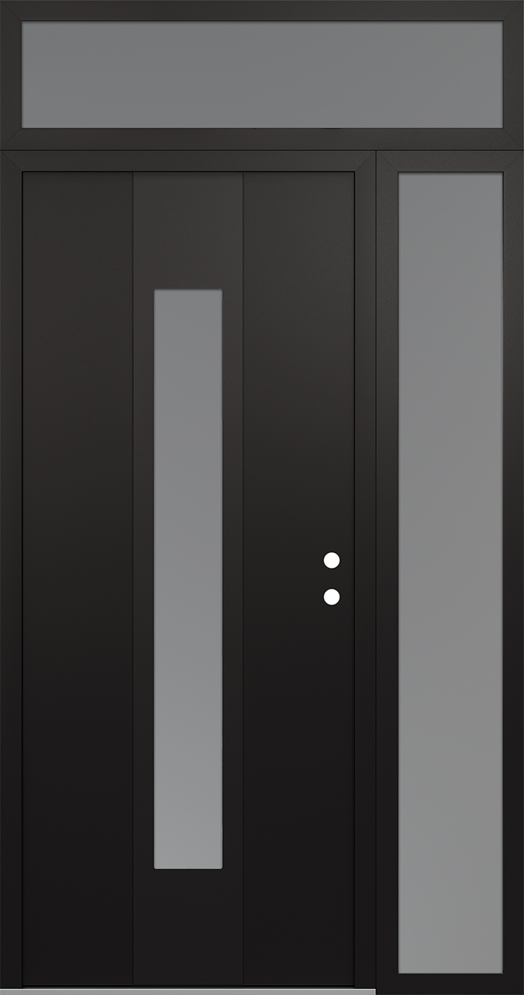 MODERN STEEL FRONT DOOR DIAMOND A1 48" X 96" BLACK/WHITE FROSTED GLASS PANEL BLACK LHI WITH SIDELITE AND TRANSOM MIRRORED GLASS