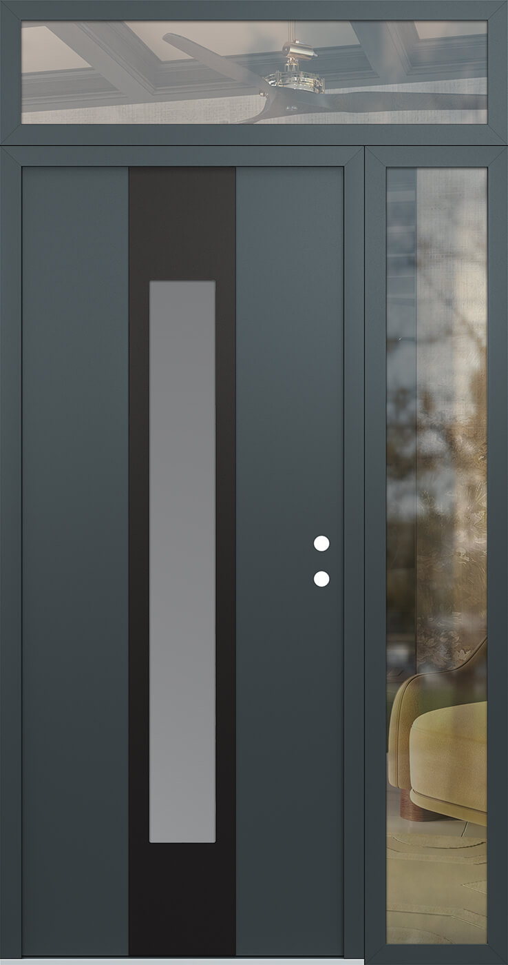 Modern Steel Front Door DIAMOND A1 50" X 96" ANTHRACITE/ANTHRACITE FROSTED GLASS PANEL BLACK LHI WITH SIDELITE AND TRANSOM MIRRORED GLASS