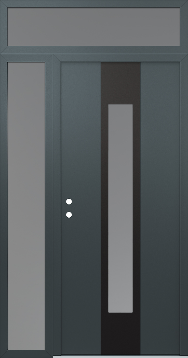 Modern Steel Front Door DIAMOND A1 50" X 96" ANTHRACITE/ANTHRACITE FROSTED GLASS PANEL BLACK RHI WITH SIDELITE AND TRANSOM FROSTED GLASS