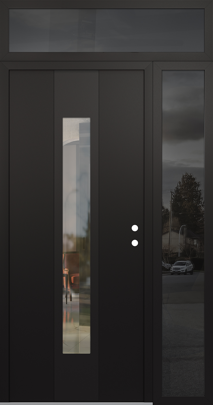 Modern Steel Front Door DIAMOND A1 50" X 96" BLACK/BLACK CLEAR GLASS PANEL BLACK LHI WITH SIDELITE AND TRANSOM MIRRORED GLASS