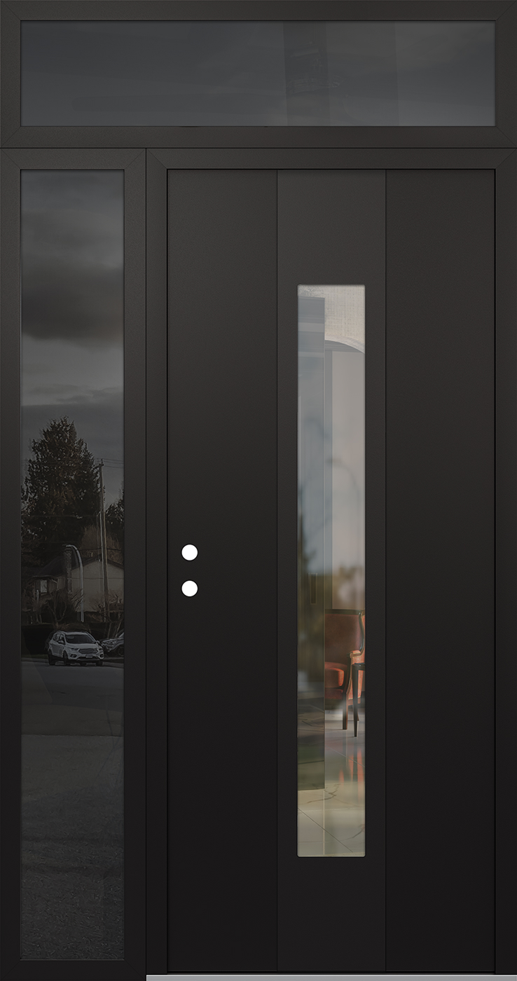 Modern Steel Front Door DIAMOND A1 50" X 96" BLACK/BLACK CLEAR GLASS PANEL BLACK RHI WITH SIDELITE AND TRANSOM MIRRORED GLASS