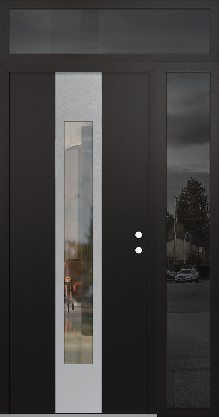 Modern Steel Front Door DIAMOND A1 50" X 96" BLACK/BLACK CLEAR GLASS PANEL STAINLESS STEEL LHI WITH SIDELITE AND TRANSOM CLEAR GLASS