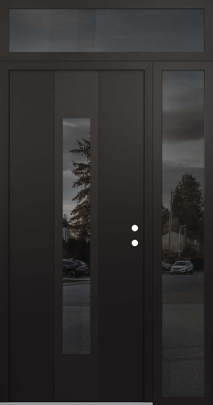MODERN STEEL FRONT DOOR DIAMOND A1 50" X 96" BLACK/BLACK MIRRORED GLASS PANEL BLACK LHI WITH SIDELITE AND TRANSOM CLEAR GLASS