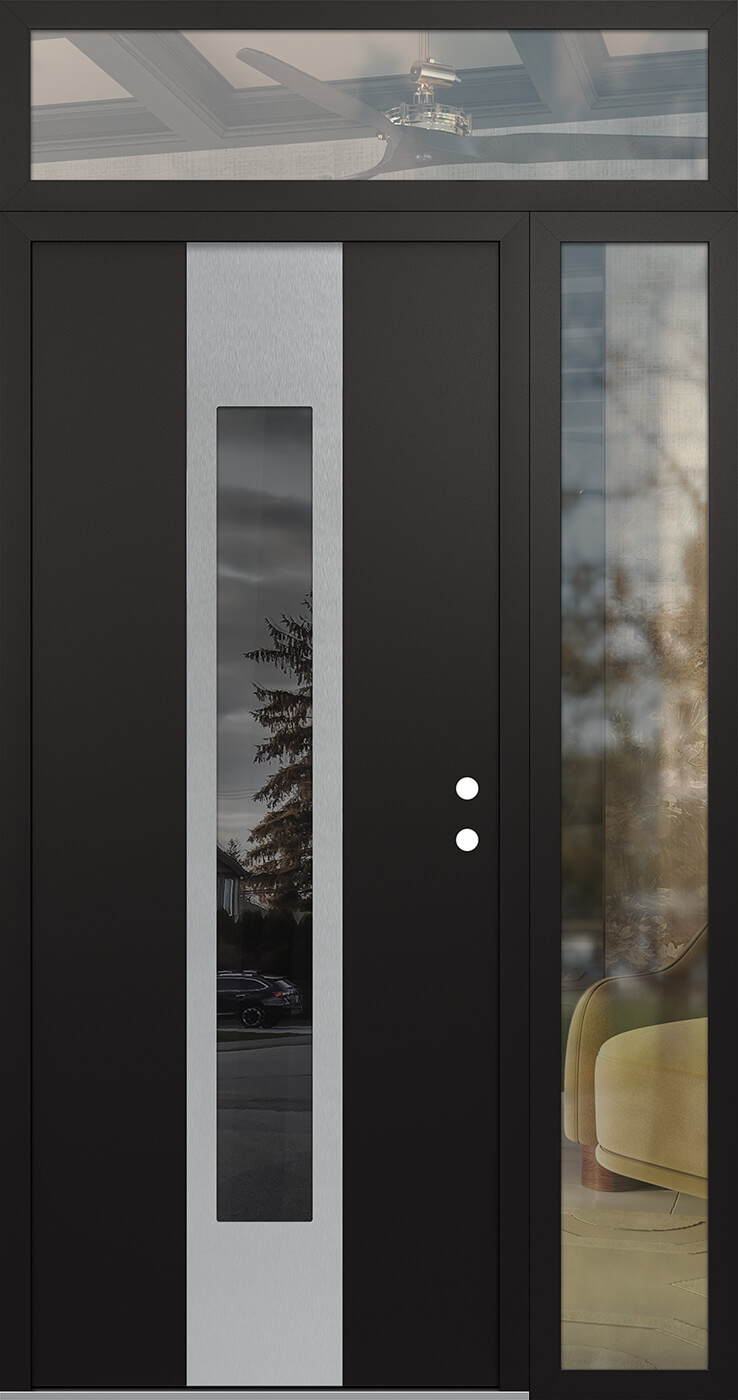 MODERN STEEL FRONT DOOR DIAMOND A1 50" X 96" BLACK/BLACK MIRRORED GLASS PANEL STAINLESS STEEL LHI WITH SIDELITE AND TRANSOM MIRRORED GLASS