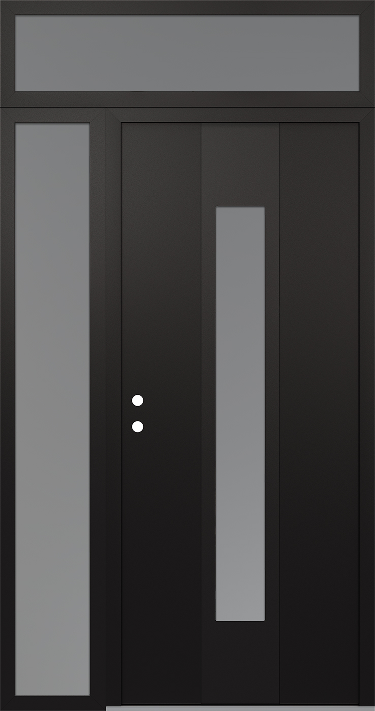 MODERN STEEL FRONT DOOR DIAMOND A1 50" X 96" BLACK/WHITE FROSTED GLASS PANEL BLACK RHI WITH SIDELITE AND TRANSOM FROSTED GLASS