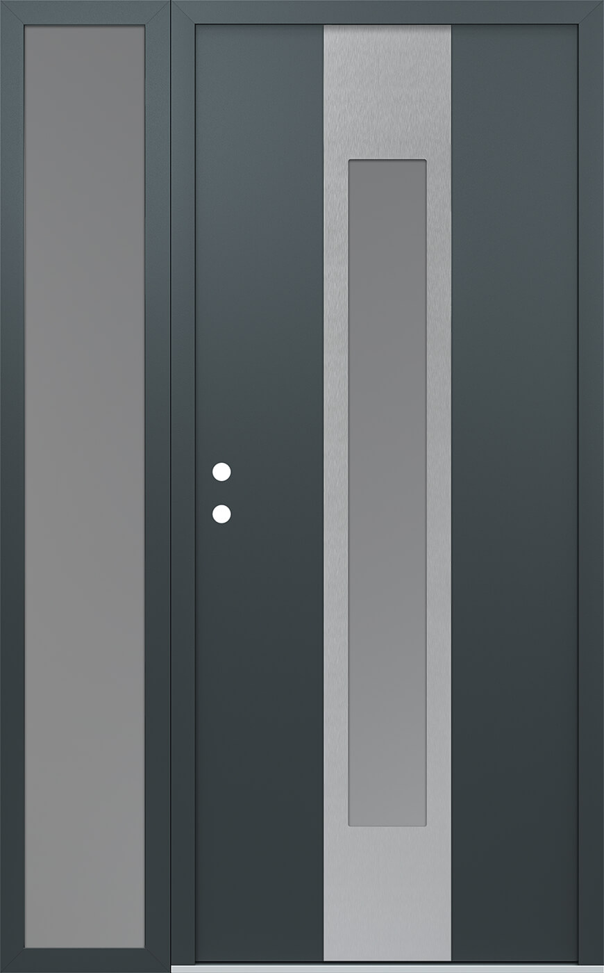 Modern Steel Front Door DIAMOND A1 52" X 80" ANTHRACITE/ANTHRACITE FROSTED GLASS PANEL STAINLESS STEEL RHI WITH SIDELITE CLEAR GLASS