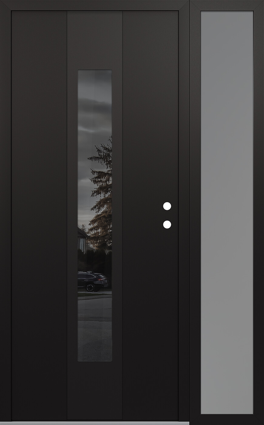 MODERN STEEL FRONT DOOR DIAMOND A1 52" X 80" BLACK/BLACK MIRRORED GLASS PANEL BLACK LHI WITH SIDELITE CLEAR GLASS