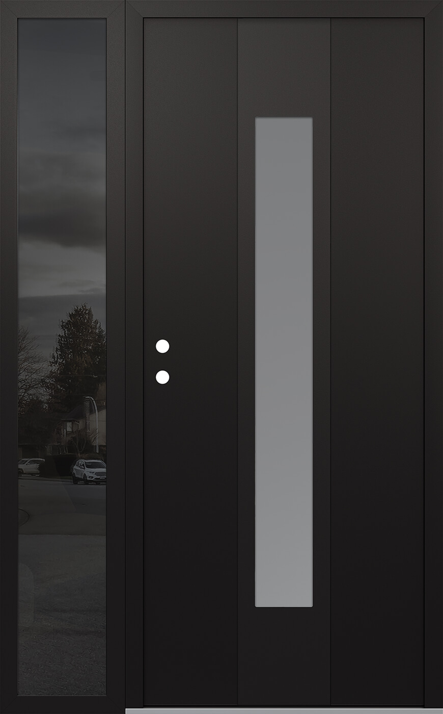 MODERN STEEL FRONT DOOR DIAMOND A1 52" X 80" BLACK/WHITE FROSTED GLASS PANEL BLACK RHI WITH SIDELITE MIRRORED GLASS