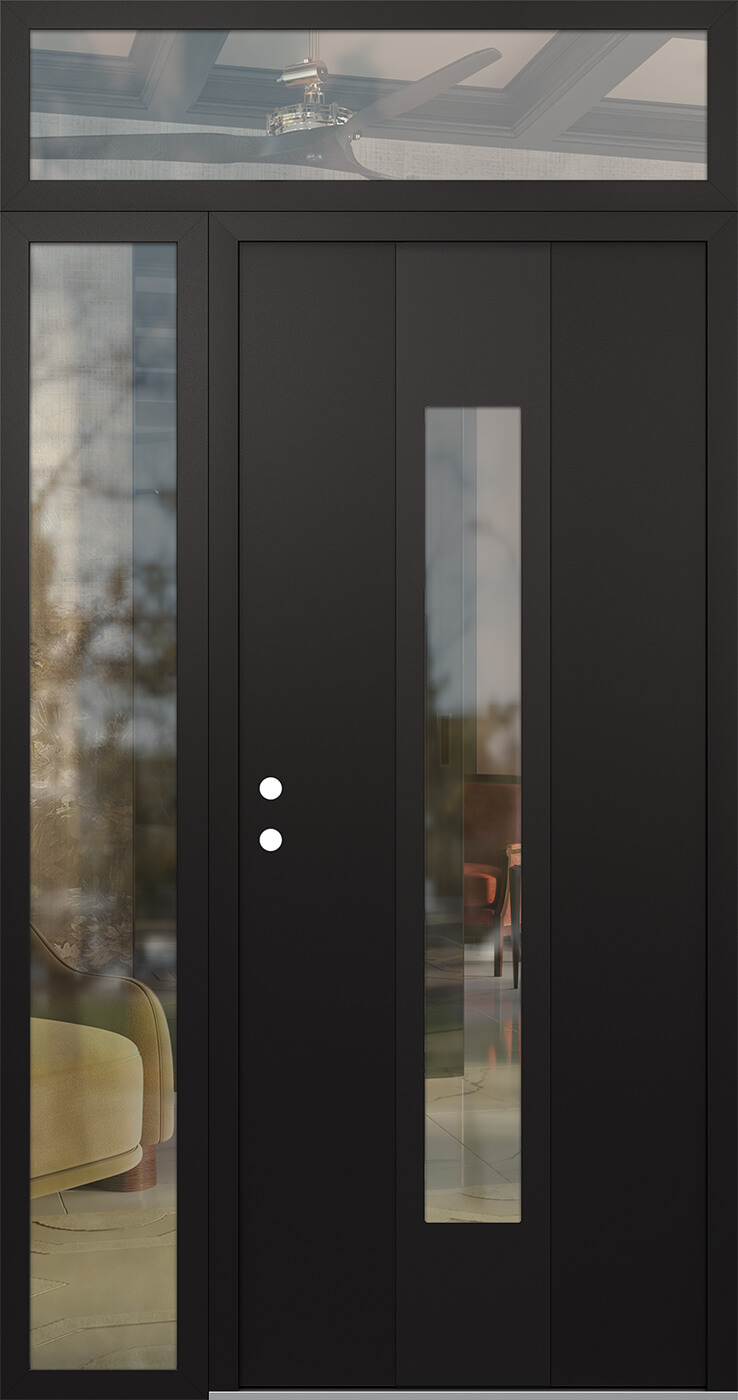 Modern Steel Front Door DIAMOND A1 52" X 96" BLACK/BLACK CLEAR GLASS PANEL BLACK RHI WITH SIDELITE AND TRANSOM CLEAR GLASS