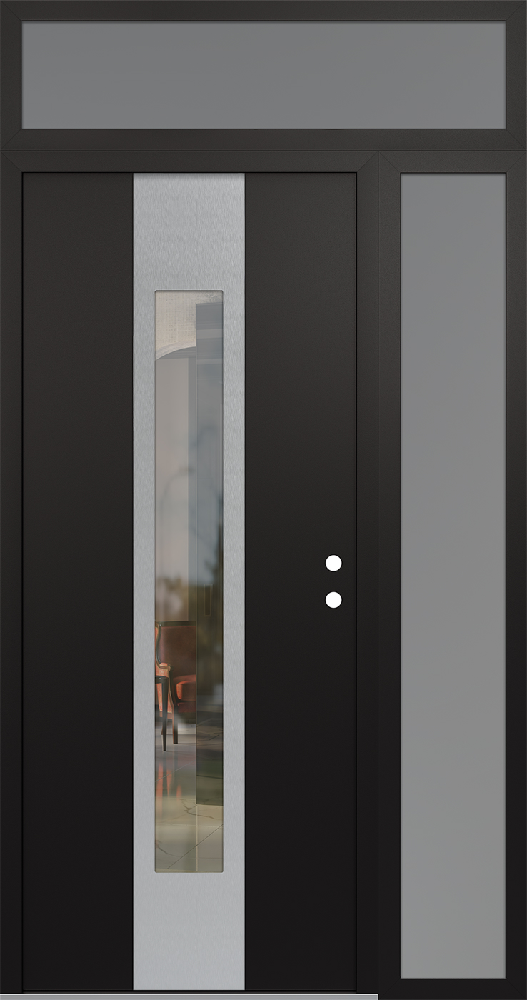 Modern Steel Front Door DIAMOND A1 52" X 96" BLACK/BLACK CLEAR GLASS PANEL STAINLESS STEEL LHI WITH SIDELITE AND TRANSOM CLEAR GLASS