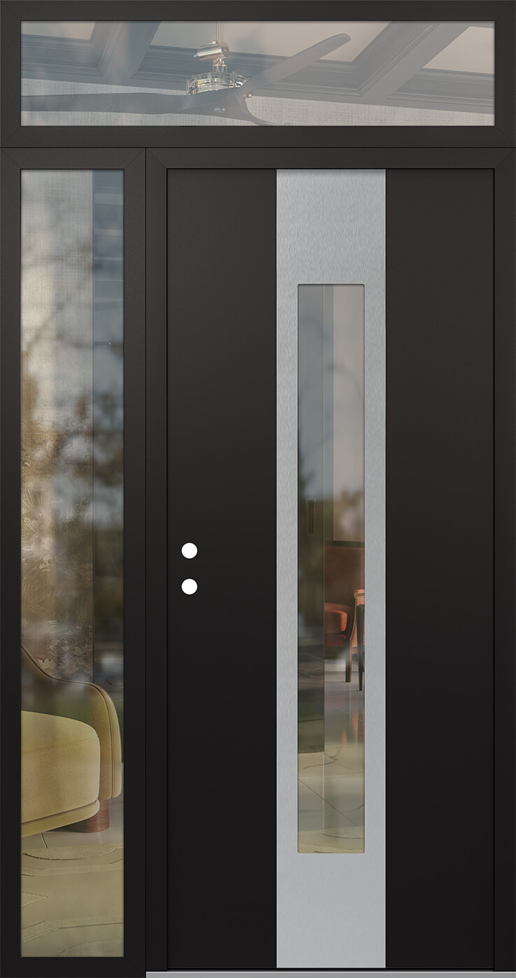 Modern Steel Front Door DIAMOND A1 52" X 96" BLACK/BLACK CLEAR GLASS PANEL STAINLESS STEEL RHI WITH SIDELITE AND TRANSOM FROSTED GLASS