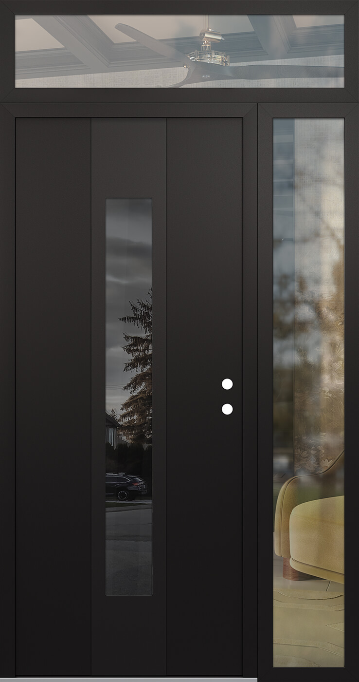 MODERN STEEL FRONT DOOR DIAMOND A1 52" X 96" BLACK/BLACK MIRRORED GLASS PANEL BLACK LHI WITH SIDELITE AND TRANSOM FROSTED GLASS
