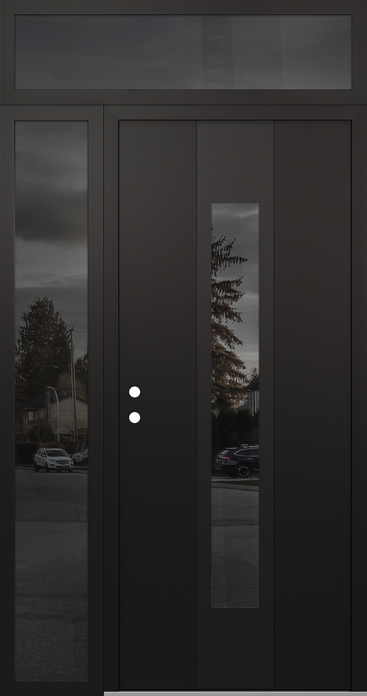 MODERN STEEL FRONT DOOR DIAMOND A1 52" X 96" BLACK/BLACK MIRRORED GLASS PANEL BLACK RHI WITH SIDELITE AND TRANSOM FROSTED GLASS