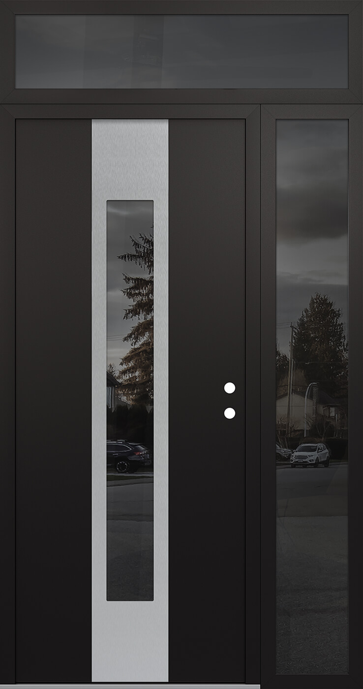 MODERN STEEL FRONT DOOR DIAMOND A1 52" X 96" BLACK/BLACK MIRRORED GLASS PANEL STAINLESS STEEL LHI WITH SIDELITE AND TRANSOM MIRRORED GLASS
