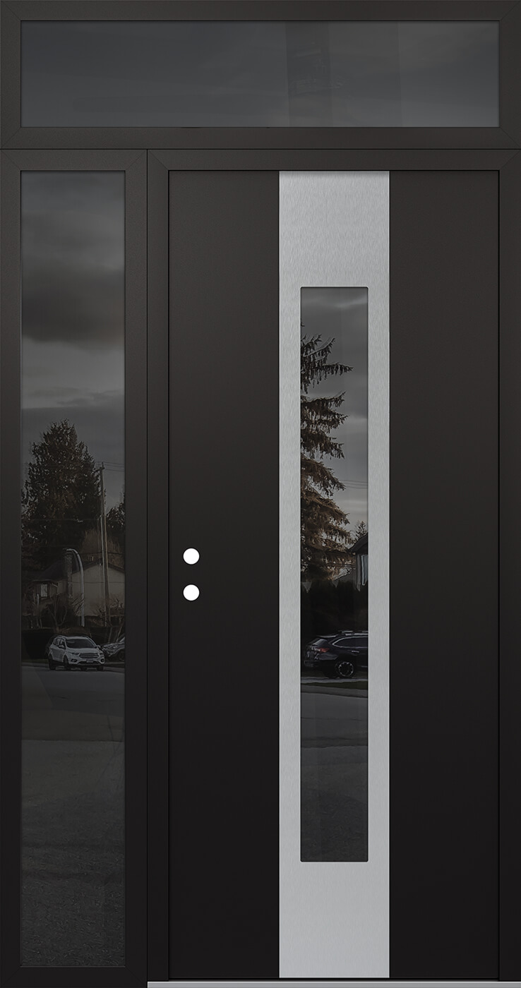 MODERN STEEL FRONT DOOR DIAMOND A1 52" X 96" BLACK/BLACK MIRRORED GLASS PANEL STAINLESS STEEL RHI WITH SIDELITE AND TRANSOM MIRRORED GLASS