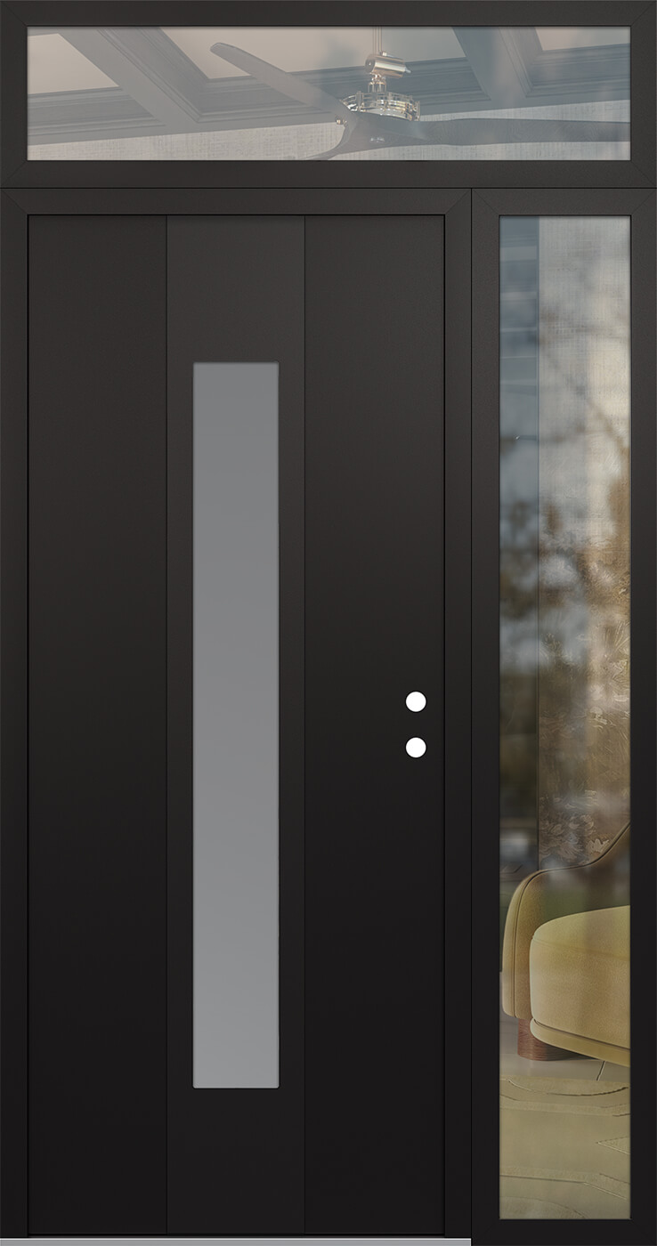 MODERN STEEL FRONT DOOR DIAMOND A1 52" X 96" BLACK/WHITE FROSTED GLASS PANEL BLACK LHI WITH SIDELITE AND TRANSOM FROSTED GLASS