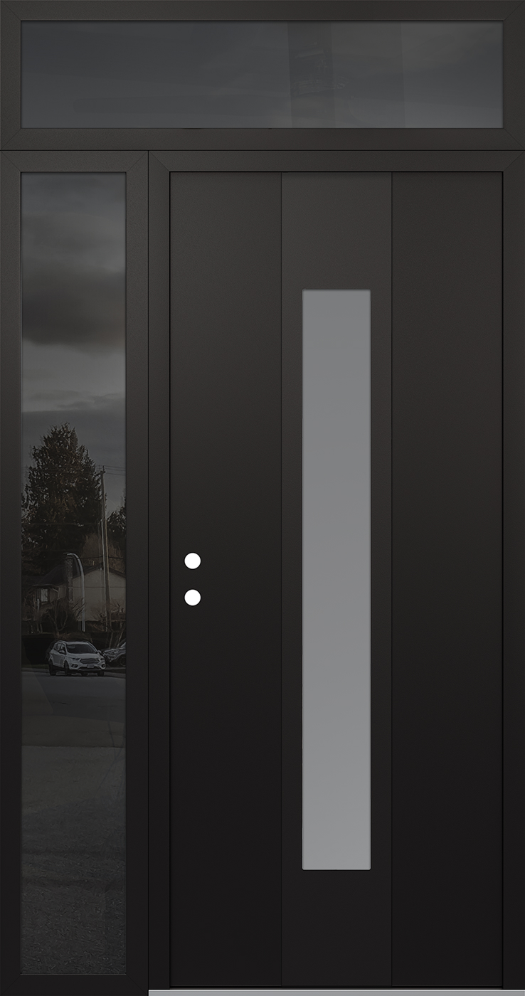 MODERN STEEL FRONT DOOR DIAMOND A1 52" X 96" BLACK/WHITE FROSTED GLASS PANEL BLACK RHI WITH SIDELITE AND TRANSOM MIRRORED GLASS