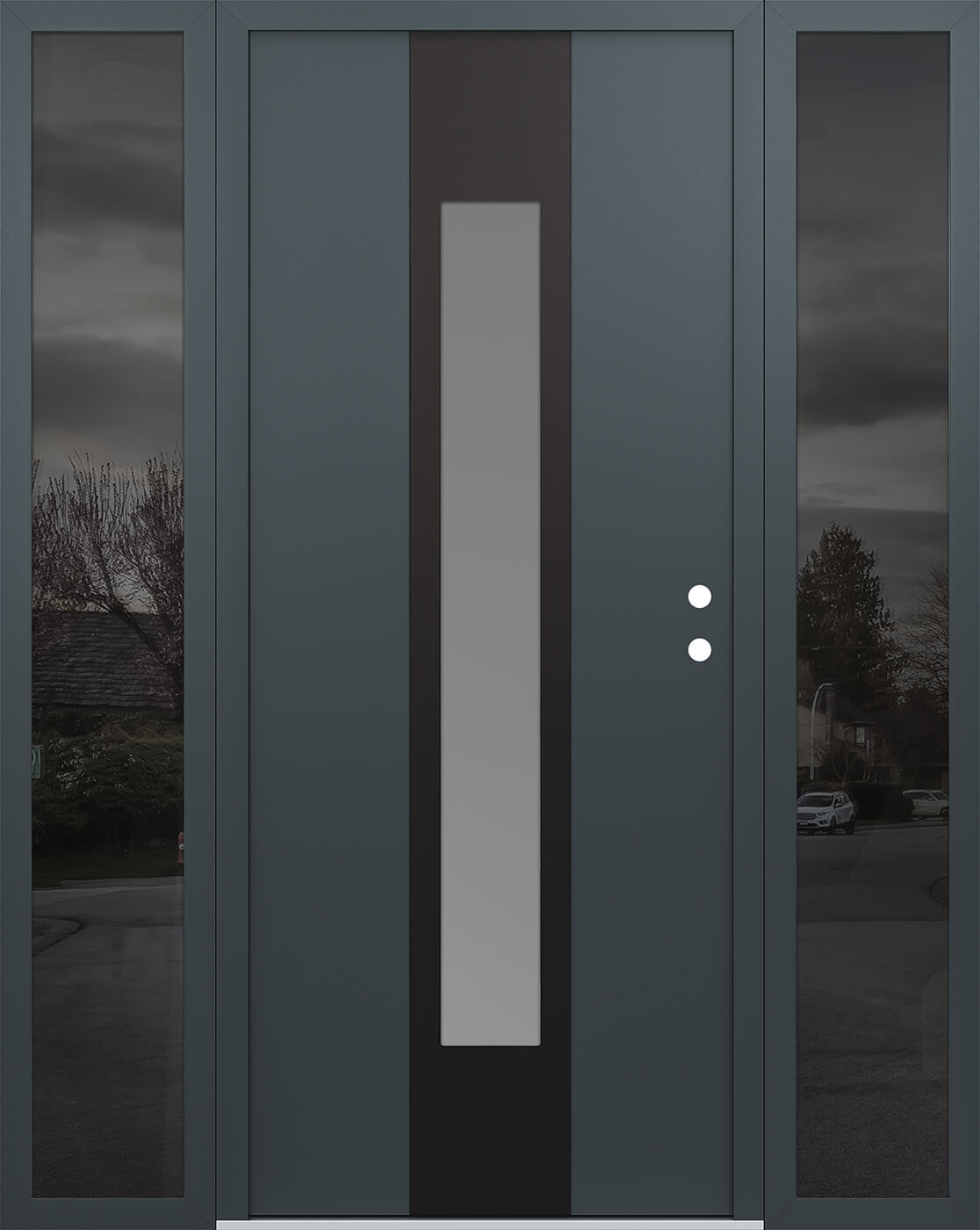 Modern Steel Front Door DIAMOND A1 60" X 80" ANTHRACITE/ANTHRACITE FROSTED GLASS PANEL BLACK LHI WITH 2 SIDELITES MIRRORED GLASS