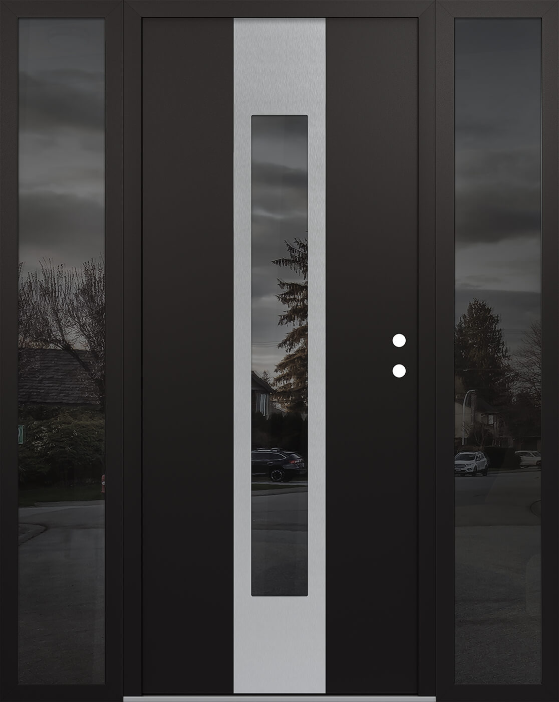 MODERN STEEL FRONT DOOR DIAMOND A1 60" X 80" BLACK/BLACK MIRRORED GLASS PANEL STAINLESS STEEL LHI WITH 2 SIDELITES MIRRORED GLASS