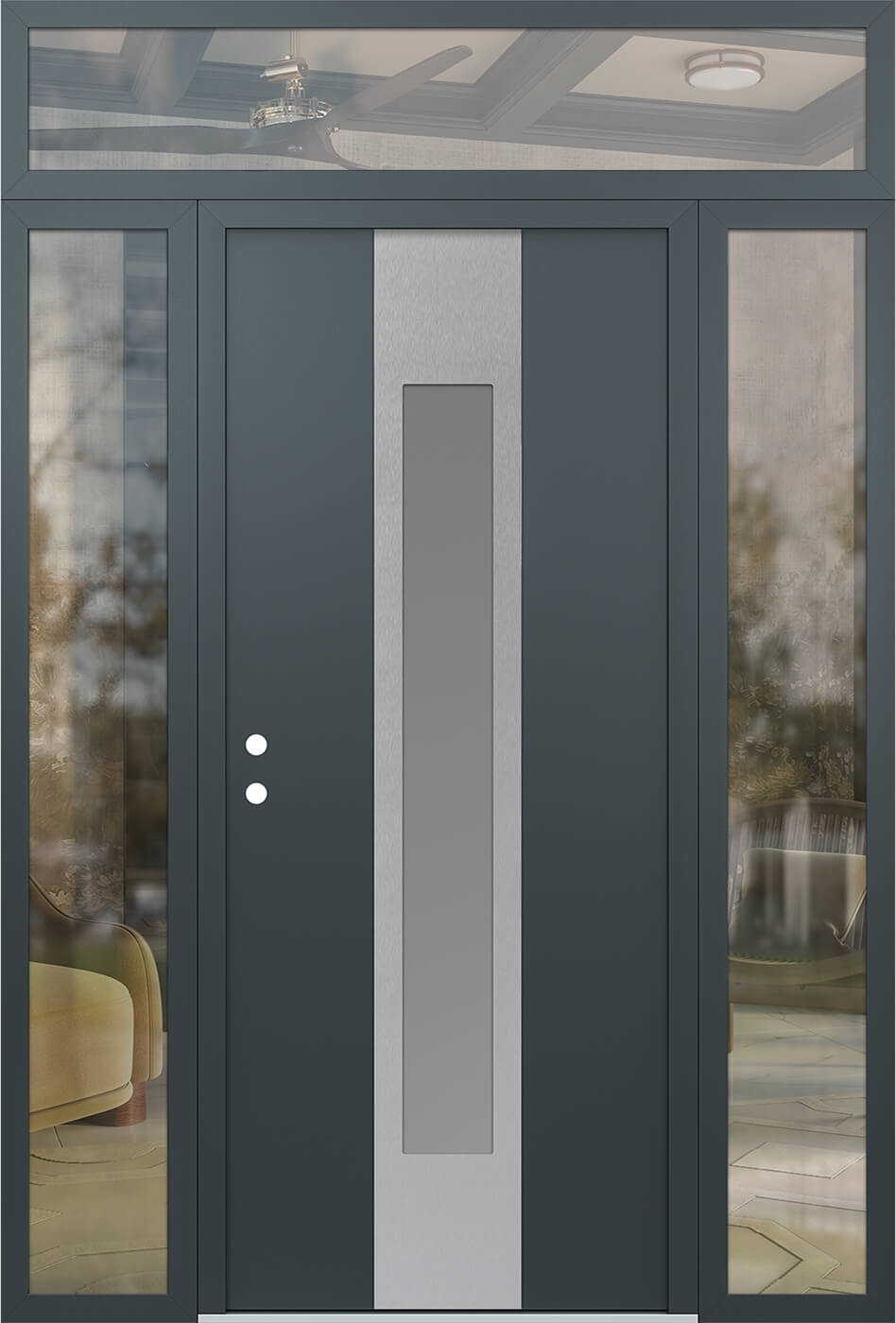 Modern Steel Front Door DIAMOND A1 60" X 96" ANTHRACITE/ANTHRACITE FROSTED GLASS PANEL STAINLESS STEEL LHI WITH 2 SIDELITES AND TRANSOM FROSTED GLASS