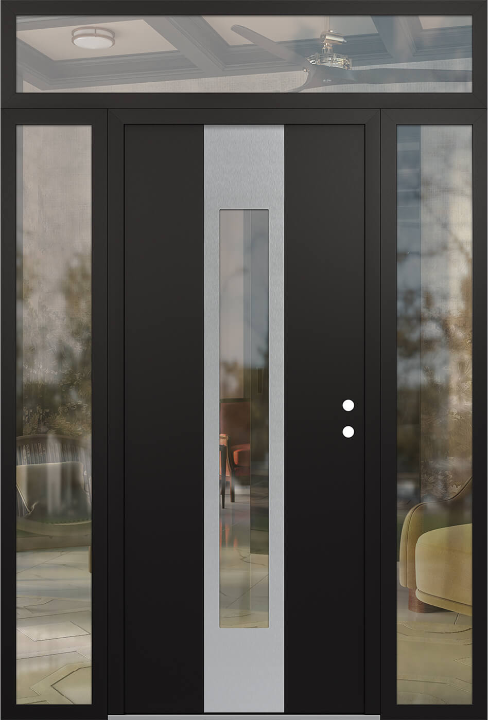 Modern Steel Front Door DIAMOND A1 60" X 96" BLACK/BLACK CLEAR GLASS PANEL STAINLESS STEEL LHI WITH 2 SIDELITES AND TRANSOM CLEAR GLASS