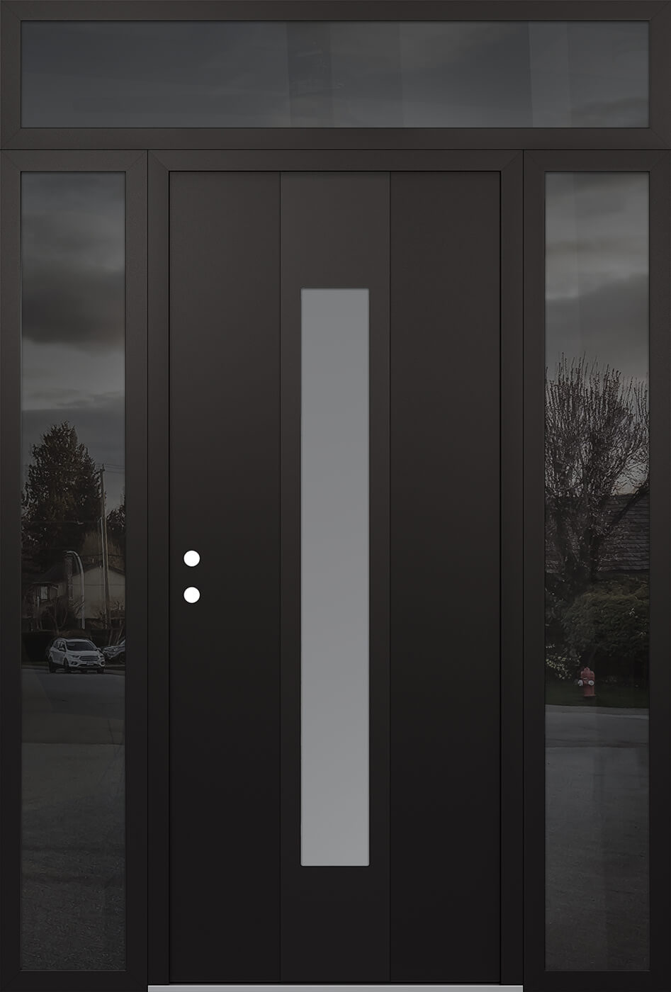 MODERN STEEL FRONT DOOR DIAMOND A1 60" X 96" BLACK/WHITE FROSTED GLASS PANEL BLACK RHI WITH 2 SIDELITES AND TRANSOM MIRRORED GLASS
