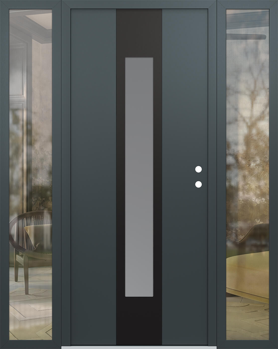 Modern Steel Front Door DIAMOND A1 64" X 80" ANTHRACITE/ANTHRACITE FROSTED GLASS PANEL BLACK LHI WITH 2 SIDELITES FROSTED GLASS